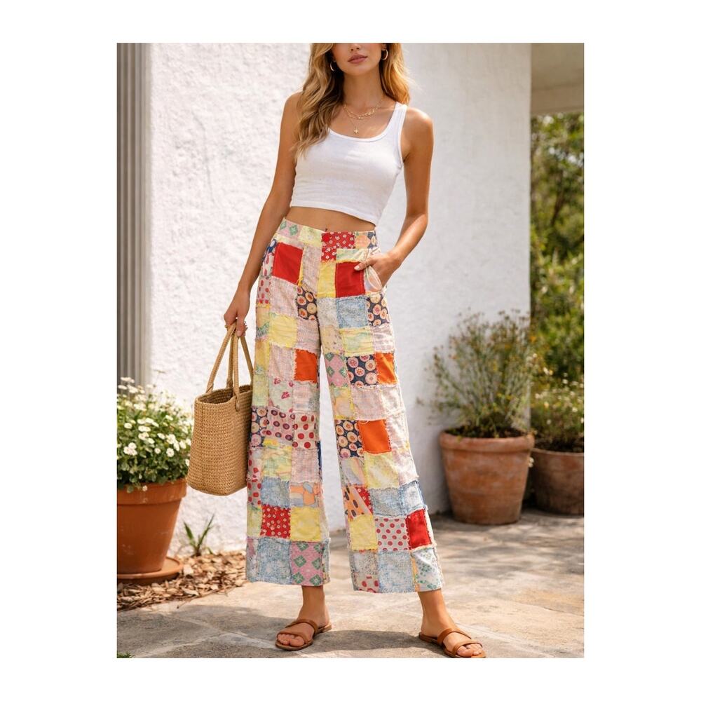 Vintage Patchwork Quilt Cropped Pants High Rise Boho Flare Artisan Small S